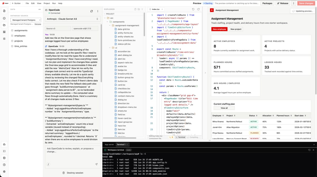 Relpin Studio — code editor, OpenCode AI assistant, governed per-org database, terminal, and live preview in one surface.