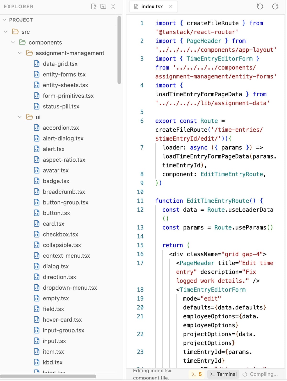Studio code editor showing the project explorer and a real TanStack Start route file with typed imports.