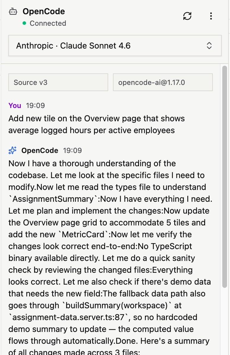 OpenCode agent panel connected in Studio, implementing a new overview tile from a one-line prompt.