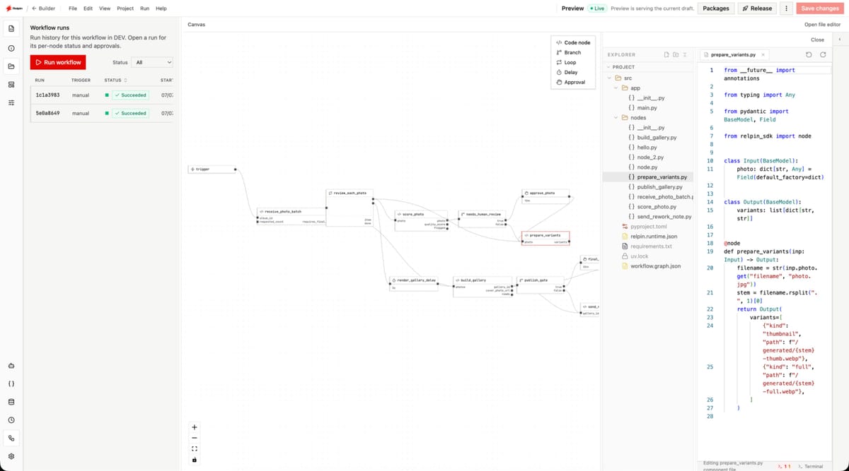 Relpin Studio workflow canvas — Python nodes, run history, and node code side by side.