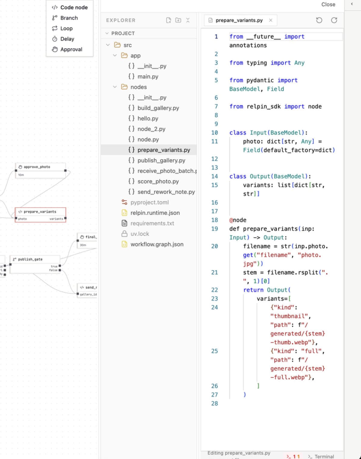 A selected Python node on the canvas beside the project explorer and its @node-decorated source file with typed pydantic models.