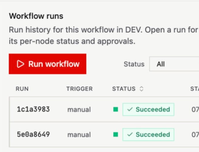 The Workflow runs panel in Studio showing succeeded manual runs with per-run status.